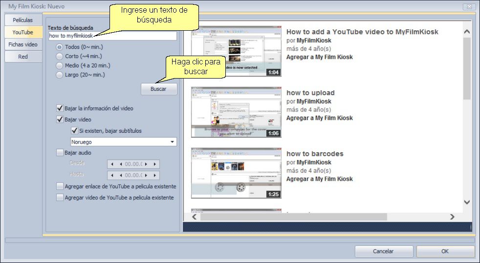 Cómo buscar en YouTube usando My Film Kiosk