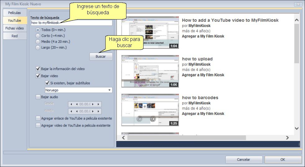 Cómo buscar en YouTube usando My Film Kiosk