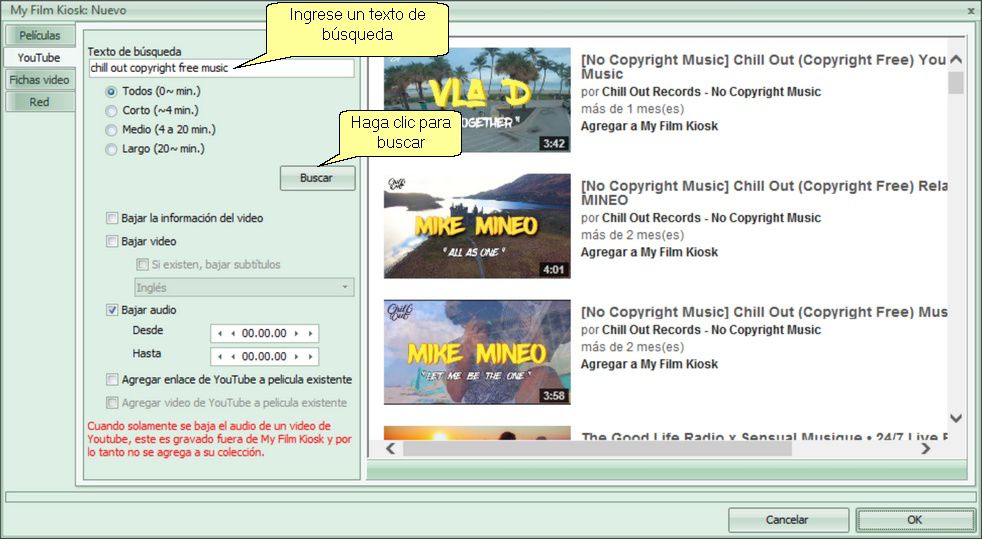 Cómo buscar música en YouTube usando My Film Kiosk
