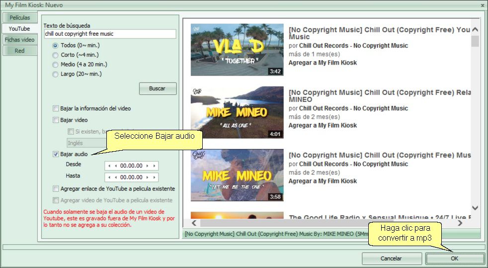 Cómo convertir música de YouTube a mp3 usando My Film Kiosk
