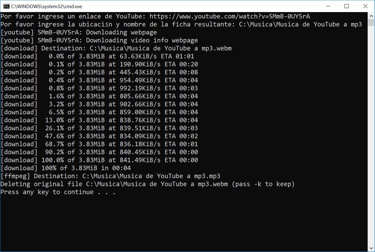 Cómo convertir de YouTube a mp3 usando youtube-dl y ffmpeg desde una ficha bat con ingreso de datos