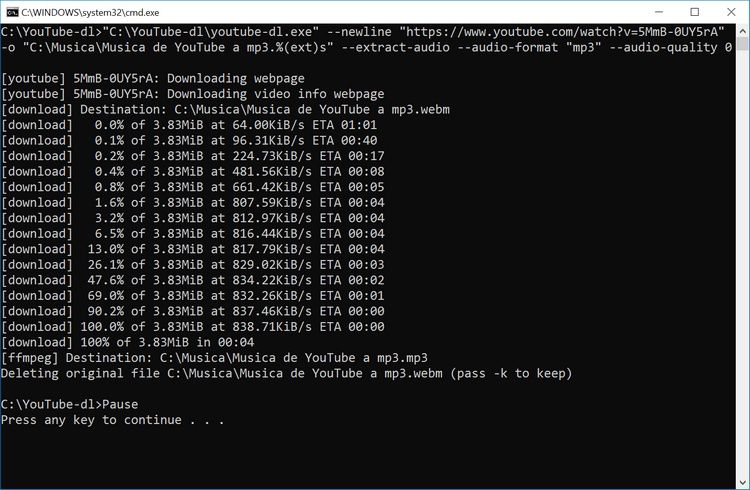 Cómo convertir de YouTube a mp3 usando youtube-dl y ffmpeg desde una ficha bat