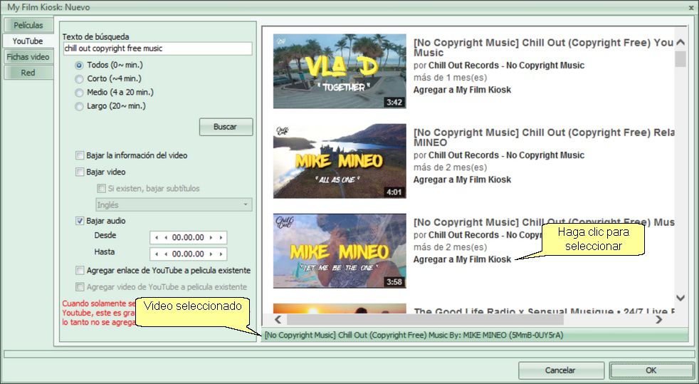 Cómo seleccionar música en YouTube usando My Film Kiosk