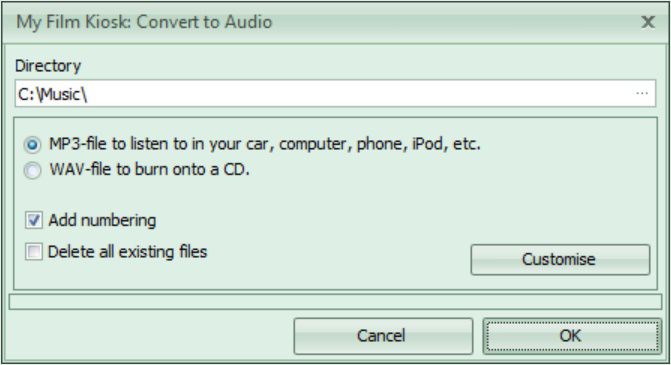 Dialogue box to convert videos to audio using My Film Kiosk.