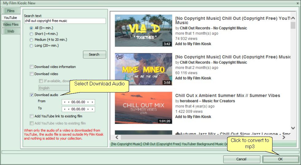 How to convert from YouTube to mp3 using My Film Kiosk as a Youtube to mp3 converter