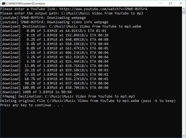 How to convert from youtube to mp3 using youtube-dl and ffmpeg as a YouTube to mp3 converter from a bat-file with user prompt