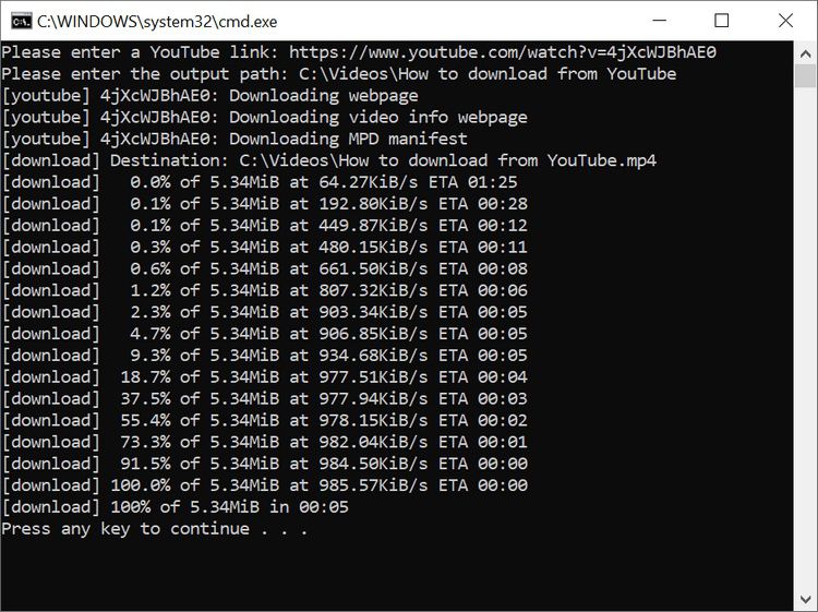 How to download YouTube videos using youtube-dl from a bat-file with user prompt