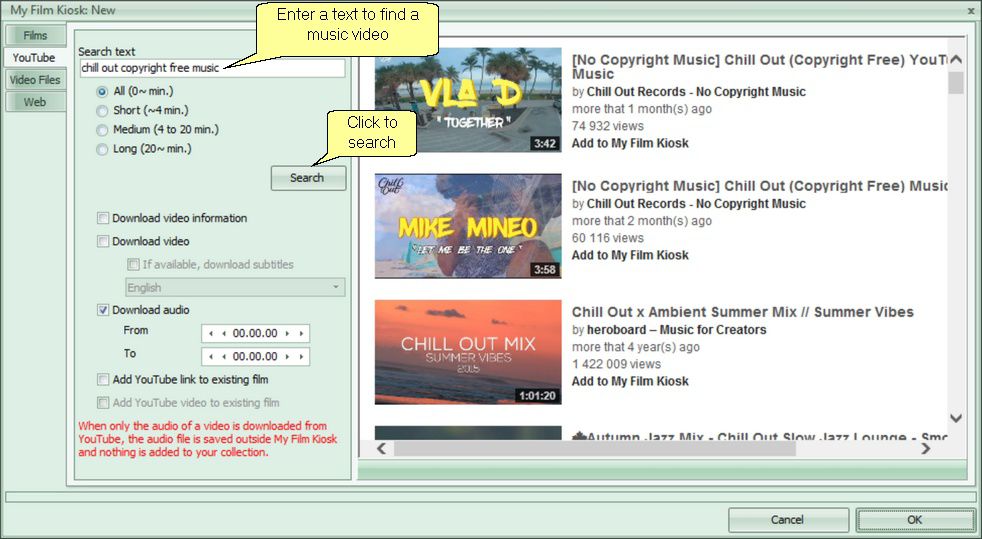 How to find music videos on YouTube using My Film Kiosk