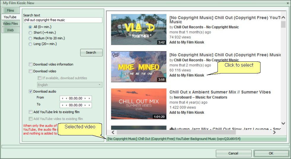 How to select music videos on YouTube using My Film Kiosk