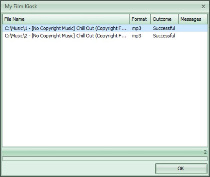 Summary of the process of converting videos to audio using My Film Kiosk.