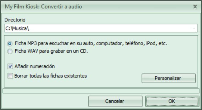 Ventana de diálogo para transformar vídeos de YouTube a audio usando My Film Kiosk.